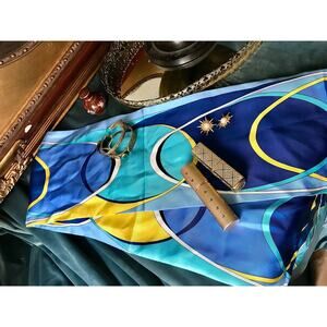 Vintage silk scarf with blue and yellow graphic patterns